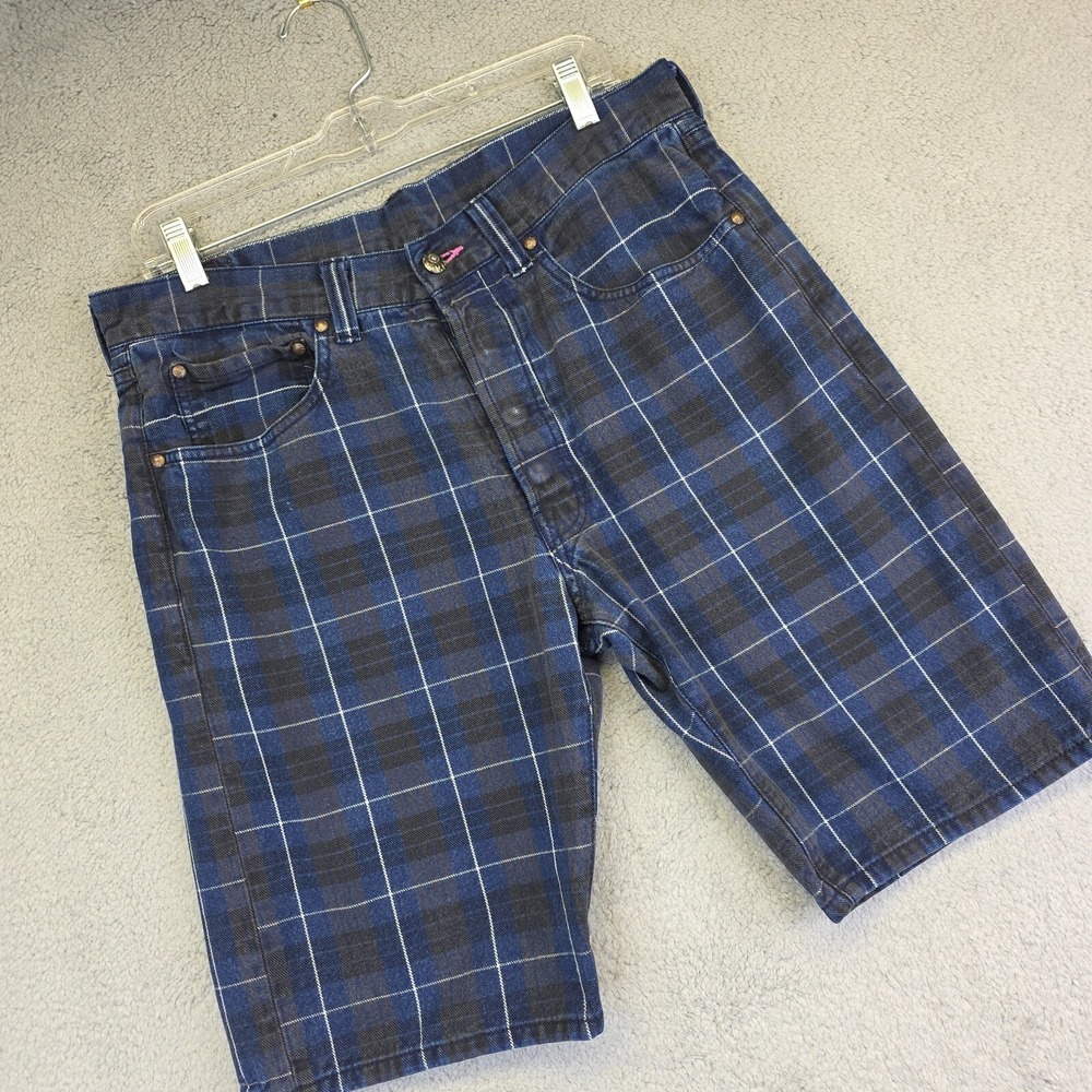 Mishka Shorts Mens 34 Plaid Blue Grunge Skater Y2K Streetwear‎ Alt Indie Punk